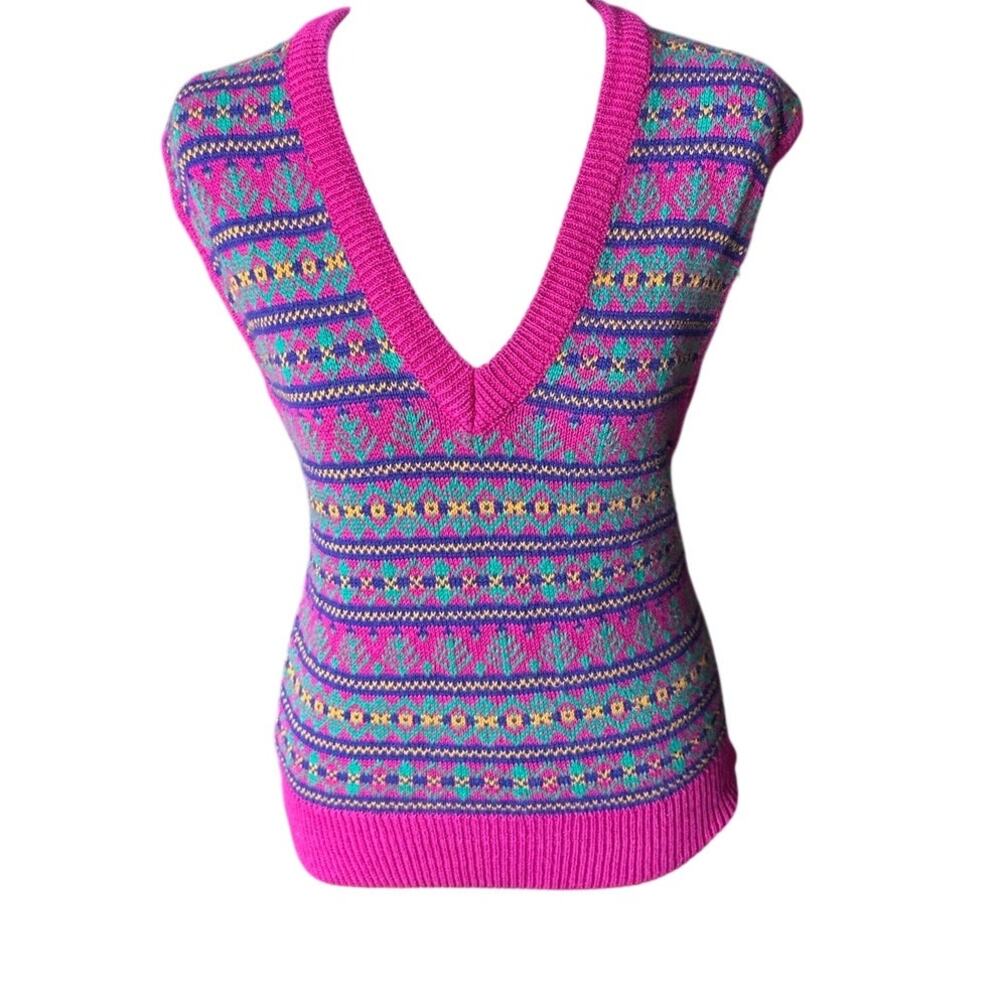 Vintage New Attitude Pink Fair Isle Knit Sweater Vest Size M V-Neck